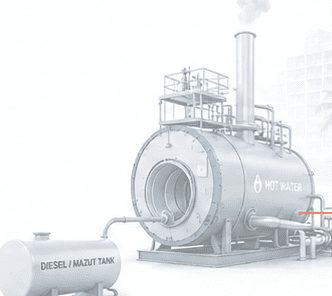 A legacy industrial hot-water boiler fed by a diesel / mazut fuel tank