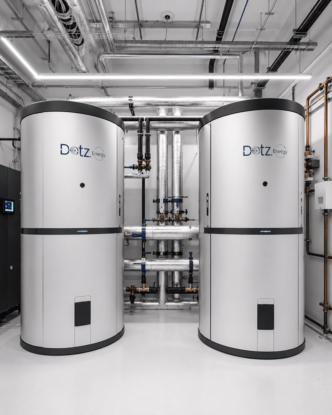 Two Dotz Energy thermal storage tanks installed in a building plant room